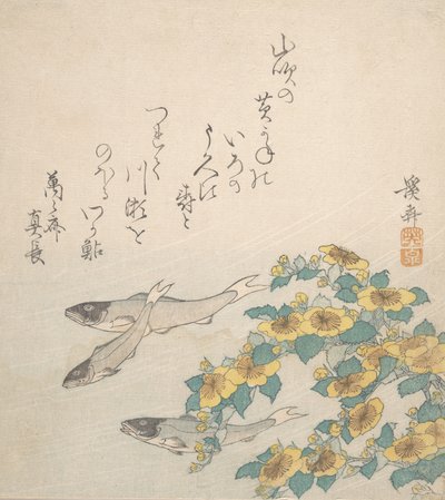 Fisk som svømmer med gule blomster, ca. 1830. av Ikeda Eisen