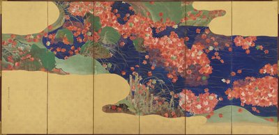 Lønnblader på en bekk, sekspanelsskjerm, Edo-periode, 1856-58 av Ikeda Koson