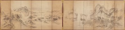 Mountain Views, baksiden av en seks-panels skjerm, Edo Period, 1856-58 (vask på papir) av Ikeda Koson