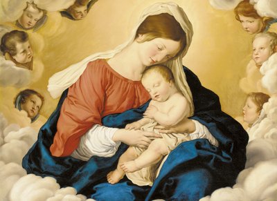 Madonnaen og barnet i herlighet med kjeruber av Il Sassoferrato