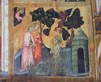 St Francis kaster seg inn i de tornede tornebærene, freskomaleri fra Porziuncola, 1393 av Ilario da Viterbo