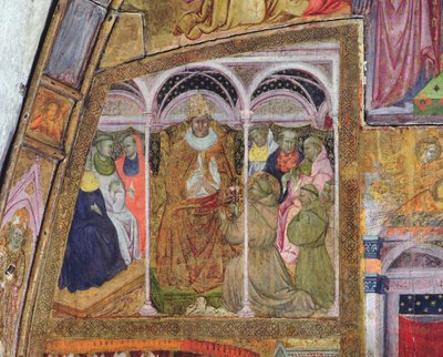 St. Frans ber pave Honorius III om bekreftelsen av avlaten, freske fra Porziuncola, 1393 av Ilario da Viterbo