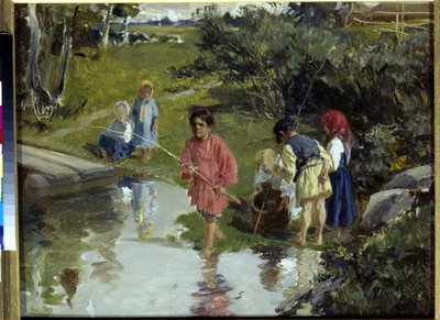 Children Fishing av Pryanishnikov, Illarion Mikhailovich (1840-1894) av Illarion Mikhailovich Pryanishnikov