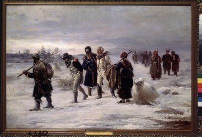 I 1812. (Fanger fanget fra Napoleons Grande Armee går i snøen, utmattet, eskortert av russiske bønder). Maleri av Illarion Mikhailovich Pryanishnikov (1840-1894), olje på lerret av Illarion Mikhailovich Pryanishnikov