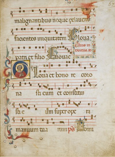 Manuskriptblad med en kvinnelig helgen muligens Dorothy i en innledende G..., ca. 1330-40. av Illustratore