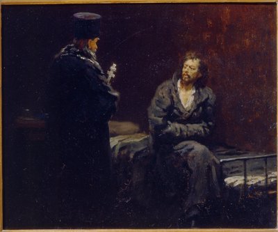 Før tilståelse. Maleri av Ilya Yefimovich Repin (Ilia Repin) (1844-1930), olje på lerret av Ilya Efimovich Repin