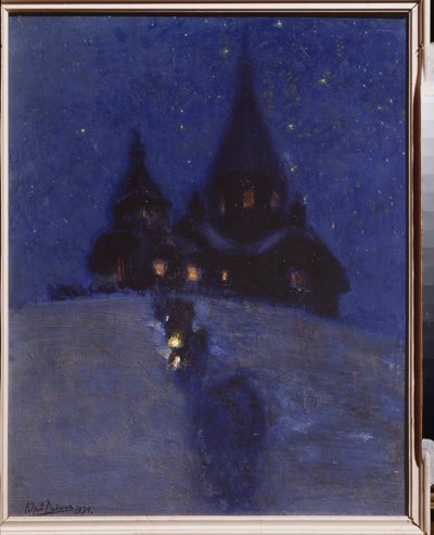 Kirke i Kuokkala (eller Repino, Russland) julenatt. Maleri av Yuri Ilyich Repin (Youri Repin) (1877-1954), olje på tre, rundt 1910. Russisk kunst, 1900-tallet. I. Repin Memorial Museum Penates, St. Petersburg. av Ilya Efimovich Repin