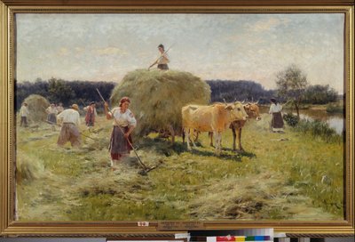 Høyproduksjon (landbruksscene om sommeren, bønder som samler høy i et okselag) - Høyproduksjon - Maleri av Nikolai Kornilovich Pimonenko (1862-1912), olje på lerret av Ilya Efimovich Repin