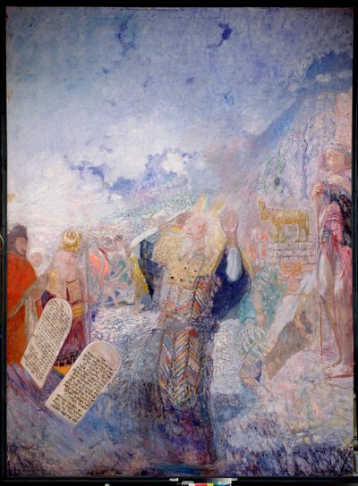 Moses og de ti bud. Bak ham, gullkalven. Maleri av Yuri Ilyich Repin (Youri Repin) (1877-1954), olje på lerret, ca 1930. Russisk kunst, 20. århundre, moderne kunst. I. Repin Memorial Museum Penates, St. Petersburg. av Ilya Efimovich Repin