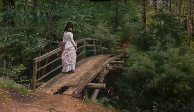 SOMMERLANDSKAP. VERA REPINE PÅ EN LITEN BRO I ABRAMTSEVO av Ilya Efimovich Repin