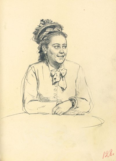 Studie for "A Parisian Cafe": Sittende kvinne med bue og foldede hender, ca. 1872-1875 av Ilya Efimovich Repin