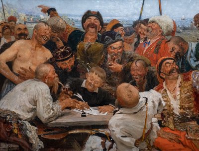 ZAPOROGUES-KOSAKKENE SKRIVER ET BREV TIL SULTANEN AV TYRKIA av Ilya Efimovich Repin