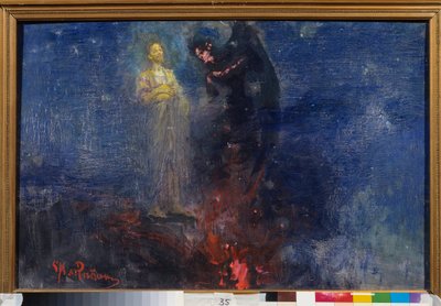 Gå bort, Satan! (Få deg herfra, Satan!). (Jesus Kristus frastøter djevelen, i et nattlig landskap). Maleri av Ilya Repin (Ilia Repin) (1844-1930), olje på lerret, etter 1850. Russisk kunst av Ilya Efimovich Repin