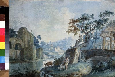 Italiensk landskap. En gjeter leder dyrene sine for å drikke ved elven, de er omgitt av ruiner. I bakgrunnen frakter en båt passasjerer fra den ene bredden til den andre og festningsverk stenger horisonten. Maleri av Ilya Vasilyevich av Ilya Vasilyevich Neyelov