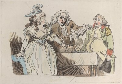 En ung kvinnearving forbereder seg på å signere et dokument, 1780-1800., 1780-1800. av Imitator of Thomas Rowlandson.