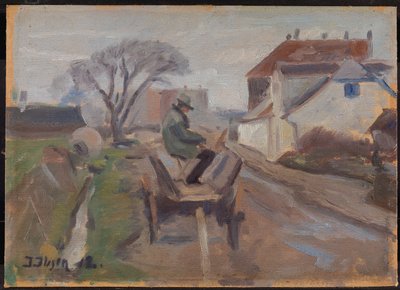 Maleren Ølund Hansen sitter i et vognmaleri av Immanuel Ibsen