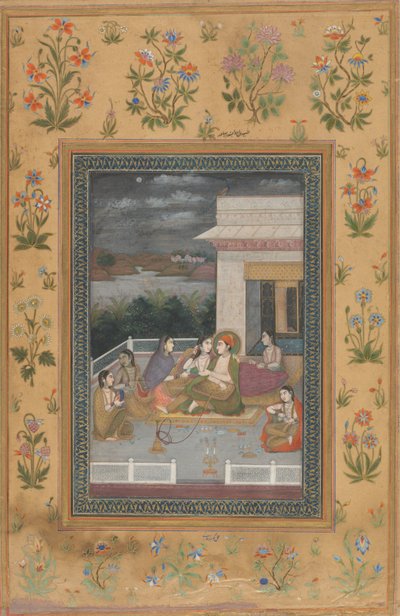 Et par på en terrasse omgitt av deltakere og musikere av Indian 18th Century