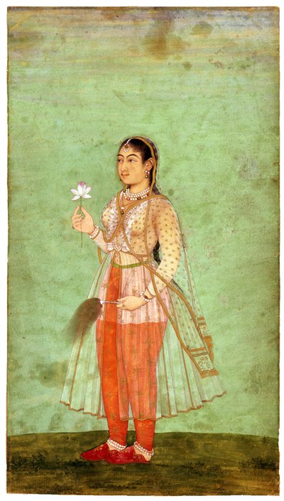 En dame med blomster- og fluevisp, ca. 1630 av Indian Art