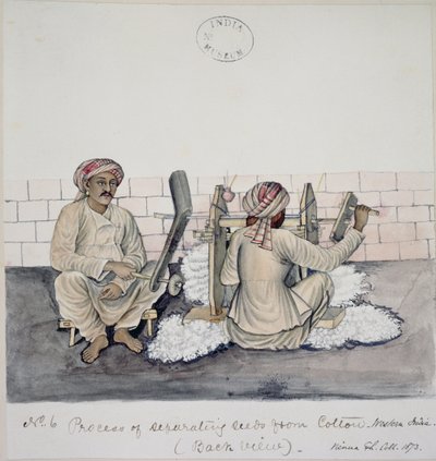 AS10 Vol.52 ff.3 4896.cat.201 i-iv To menn som renser bomull, Bombay, ca. 1873 (akvarell på papir) av Indian School