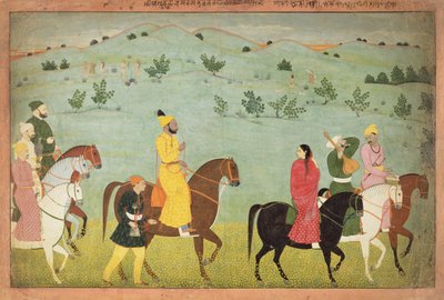 En Jasrota-prins, muligens Balwant Singh, på rideekspedisjon, av Nainsukh (fl. 1740-50) Kashmir, ca. 1751 av Indian School