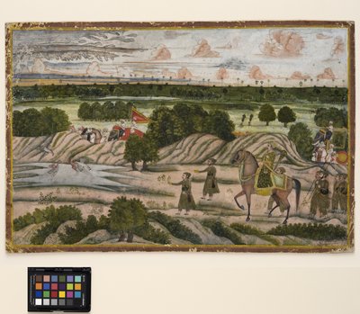 En Nawab og hans holdere på jaktekspedisjon, ca. 1780 (ugjennomsiktig akvarell og gull på papir) av Indian School