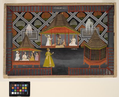 En Nawab og sønnene hans i en hagepaviljong, ca. 1770 (ugjennomsiktig m/c, sølv og gull på papir) av Indian School