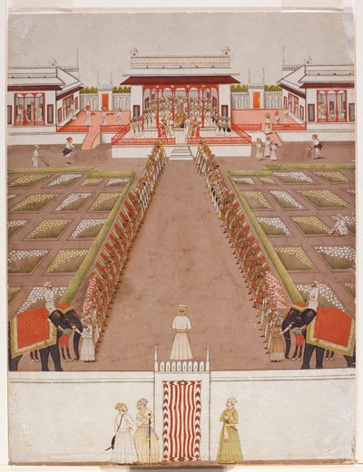 En Nawab-holdeplass i en paviljong, bortenfor en aveny med holdere og to elefanter, ca. 1765 (ugjennomsiktig wc og gull på papir) av Indian School