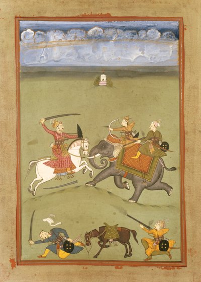 En prins som kjemper mot sine fiender på en elefant, ca. 1710 av Indian School