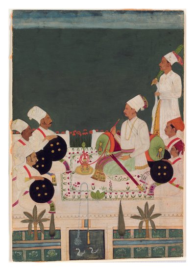 A Rathore Chief with His Kinsmen, ca. 1700 (ugjennomsiktig wc og gull på papir) av Indian School