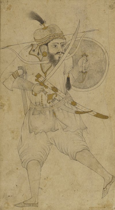 En tatarisk soldat, Ahmadnagar, Deccan-platået (blekk og en liten fargetone på papir) av Indian School