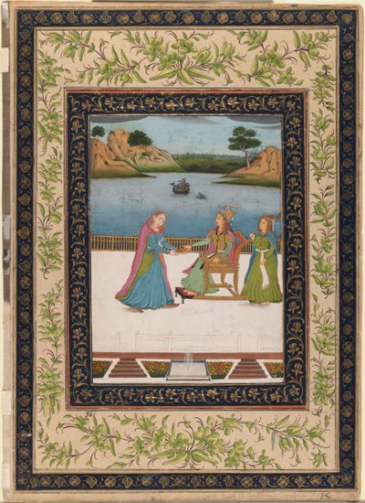A Woman is Servered Fruit on a Terrace, ca. 1770 (ugjennomsiktig wc, gull og sølv på papir) av Indian School