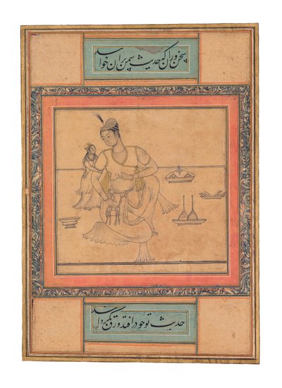 A Young Prince in a Family Setting, ca. 1600 (ugjennomsiktig akvarell og gull) av Indian School