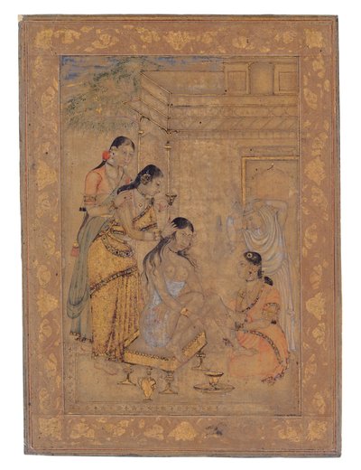 A Young Womans Toilette, 1675-1700 (ugjennomsiktig wc og gull på papir) av Indian School