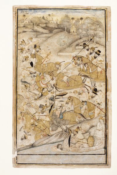 Et slag utkjempet av europeere, ca. 1700 (ugjennomsiktig wc og gull på papir) av Indian School
