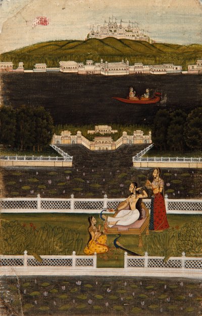 En vakker kvinne på en innsjøterrasse, ca. 1770 (ugjennomsiktig wc og gull på papir) av Indian School