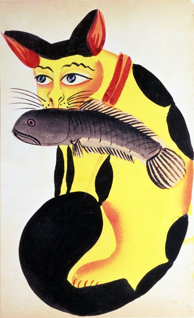 En katt med en fisk i munnen, fra Rudyard Kipling-samlingen, Calcutta, ca. 1890 (wc på papir) av Indian School