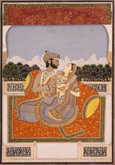 Et par omfavner på en terrasse, ca. 1835 (ugjennomsiktig wc, lakk, gull og glass på papir) av Indian School