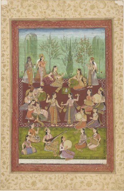 En gruppe kvinner i en hage som underholder seg med musikk og dans (farge og gull på papir) av Indian School
