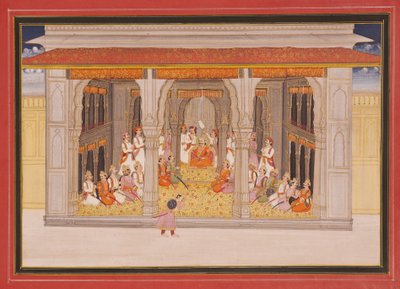 En konge i durbar i en paviljong, 1760 (ugjennomsiktig wc og gull på papir) av Indian School