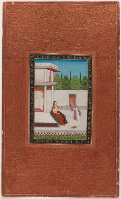 En dame og hennes eldre tjener, 1875-1900 (ugjennomsiktig wc og gull på papir) av Indian School