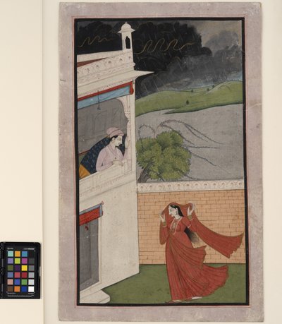 En dame kommer til kjæresten sin i et regnvær, ca. 1830 (ugjennomsiktig m/c og gull på papir) av Indian School