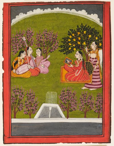 En dame som sitter med et speil i en hage, med en hushjelp og tre musikere, ca. 1909 (gouache på papir) av Indian School