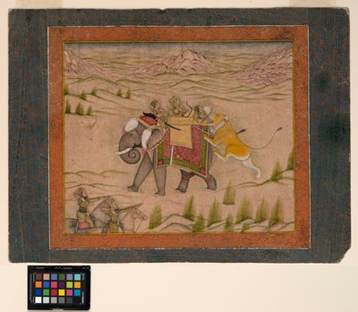En løve angriper et jaktselskap på toppen av en elefant, ca. 1810 (ugjennomsiktig akvarell og gull på papir) av Indian School