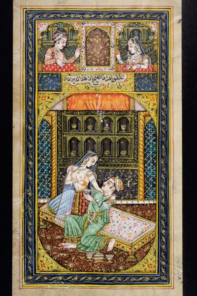 En mann frier til en kvinne i luksuriøse omgivelser, Rajasthani-miniatyrmaleri av Indian School