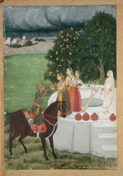 En montert prins som mottar vann fra damer ved en brønn, miniatyr fra Murshidabad, ca. 1760 (gouache på papir) av Indian School