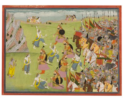 Et maleri fra Mahabharata: Balabhadra kjemper mot Jarasandha, Kangra og Garhwal, ca. 1810-20 av Indian School