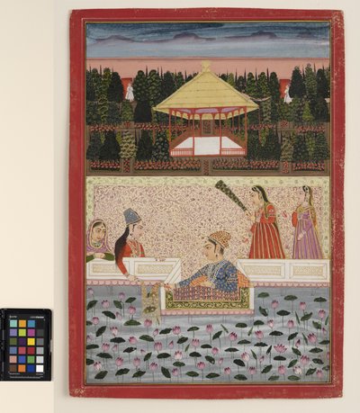 En prins og en prinsesse leker med stjernekastere ved et lotusbasseng, ca. 1760 (ugjennomsiktig akvarell og gull på papir) av Indian School