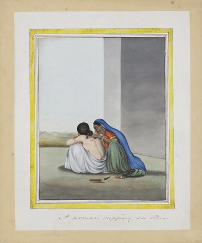 En kvinne som kopper en annen, ca. 1815 (ugjennomsiktig wc på papir) av Indian School