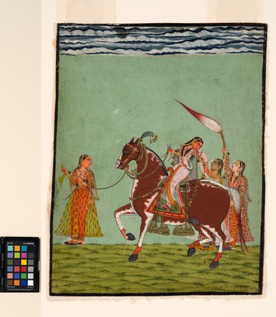En kvinne på hesteryggen med tre ledsagere, ca. 1735 (ugjennomsiktig akvarell på papir) av Indian School