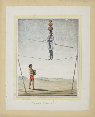 Akrobat på tightrope, trommeslager under, ca. 1820 (ugjennomsiktig wc på papir) av Indian School